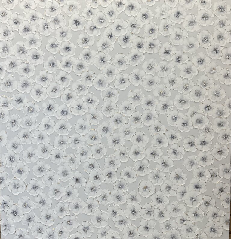 a mixed media piece on canvas of white flowers with indigo centers scattered on a pale slate gray background
