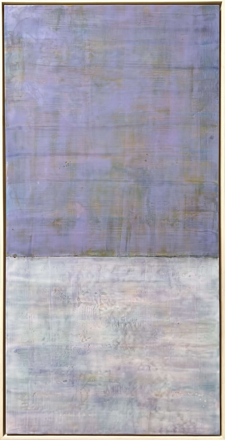 an encaustic piece where the top 2/3 is a dusty lilac and the bottom 1/3 is a pale dusty lavender, almost gray. the piece is themed and titled after the idea of a lavender haze, which is a term used to refer too the state when one is deeply in love, and everything else seems to fade away.