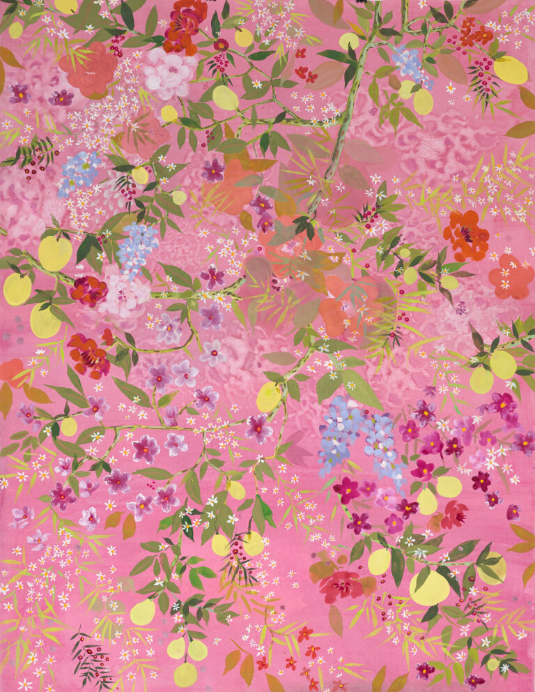an abstract mixed media piece with a bright bubblegum pink background and a tangle of different flowers in the foreground: fresia flowers, magenta blossoms, red poppies, green leafy botanicals, vines, fluffy coral blooms, small white daisies, and lemons
