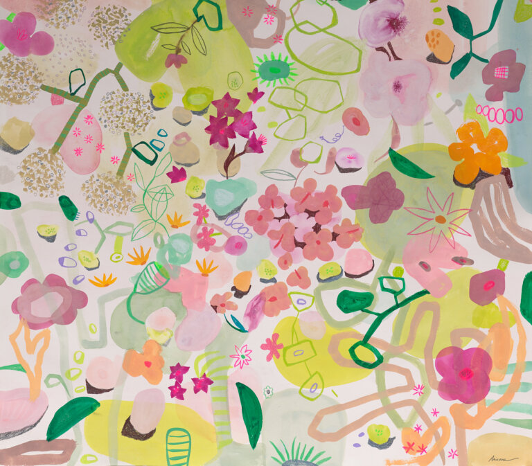 a botanical mixed media piece on paper with a variety of flowers and leaves on a pale pink background. the flowers and leaves are painted in shades of bubblegum pink, bright mint, clementine orange, lemon yellow, peach, sap green, citron, taupe, powder blue, periwinkle, slate, pale green gray, water aqua, sage green, magenta, and coral. the components are layered on top of one another, creating a watery and natural effect.