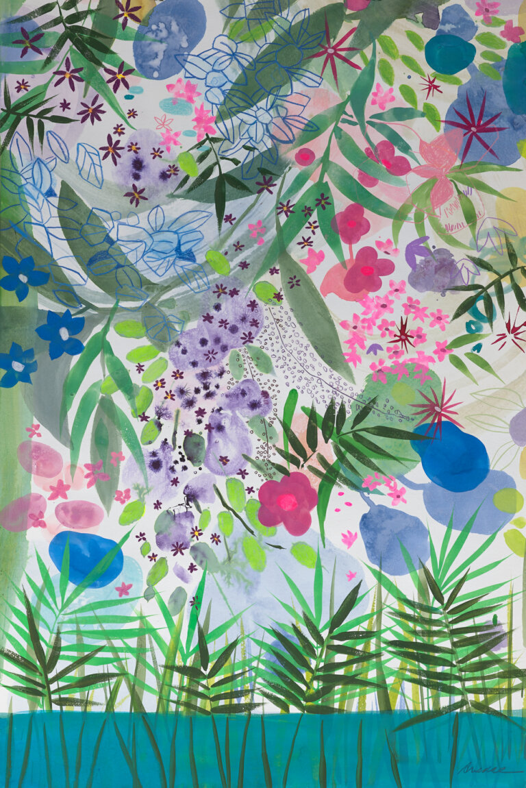a botanical mixed media piece on paper with a variety of flowers and leaves on a pale pink background. the flowers and leaves are painted in shades of bubblegum pink, bright mint, cobalt blue, pale yellow, deep cool purple, sap green, citron, taupe, powder blue, periwinkle, slate, pale green gray, water aqua, sage green, magenta, and celadon. the components are layered on top of one another, creating a watery and natural effect. at the bottom of the piece there is a dark aqua stripe that represents water, with several layered spiky leafy plants in shades of dark green, emerald, and sap green.