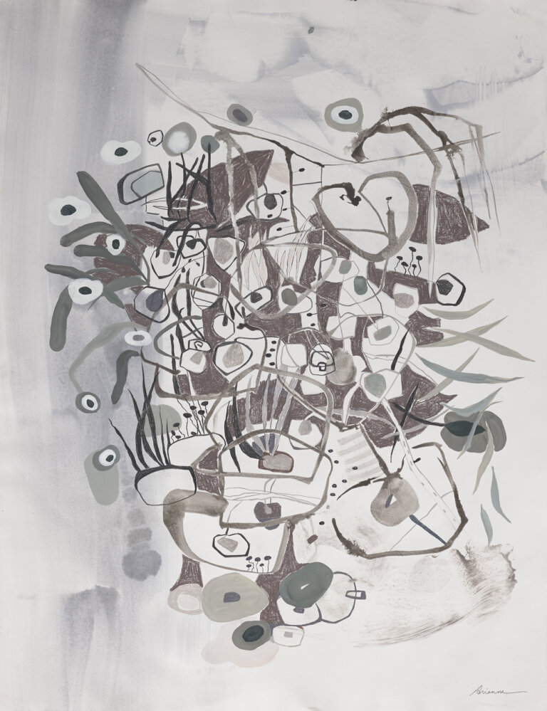 an abstract mixed media piece with a thin wash of gray in the background, and a tangled muted mass of shapes and lines in the center
