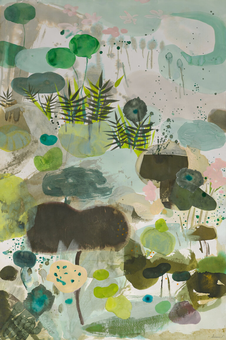 an abstract mixed media botanical scene on paper featuring lily pads, ivy, and other leafy plants usually found in ponds and other bodies of water. all the components are depicted in different shades of brown, green, and teal, specifically burnt umber, dark sepia, lime, turquoise, mint, peach, sap green, emerald, sage, and army green. the components are layered on top of one another, creating a watery and natural effect.