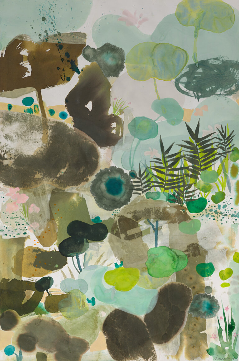 an abstract mixed media botanical scene on paper featuring lily pads, ivy, and other leafy plants usually found in ponds and other bodies of water. all the components are depicted in different shades of brown, green, and teal, specifically burnt umber, dark sepia, lime, turquoise, mint, peach, sap green, emerald, sage, and army green. the components are layered on top of one another, creating a watery and natural effect.