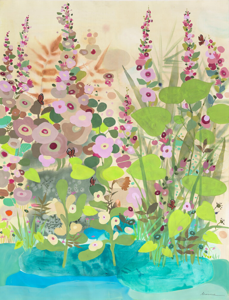 a mixed media floral scene on paper, with a pale peachy orange background. in the foreground there are large green ivy-like leaves, fluffy pink and lavender colored flowers, and spiky leaves in orange and green, all growing out of a wash of aqua blue water