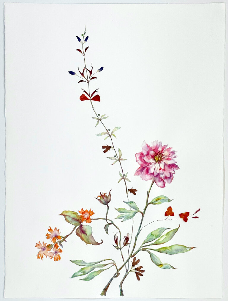 a mixed media piece on a blank white background featuring two long thin green stems with light green leaves one stem has a fluffy pink and white flower with a yellow center and several smaller orange flowers with green and red leaves, and the other stem is long and tall, with small leaves sprouting from it like a vine.