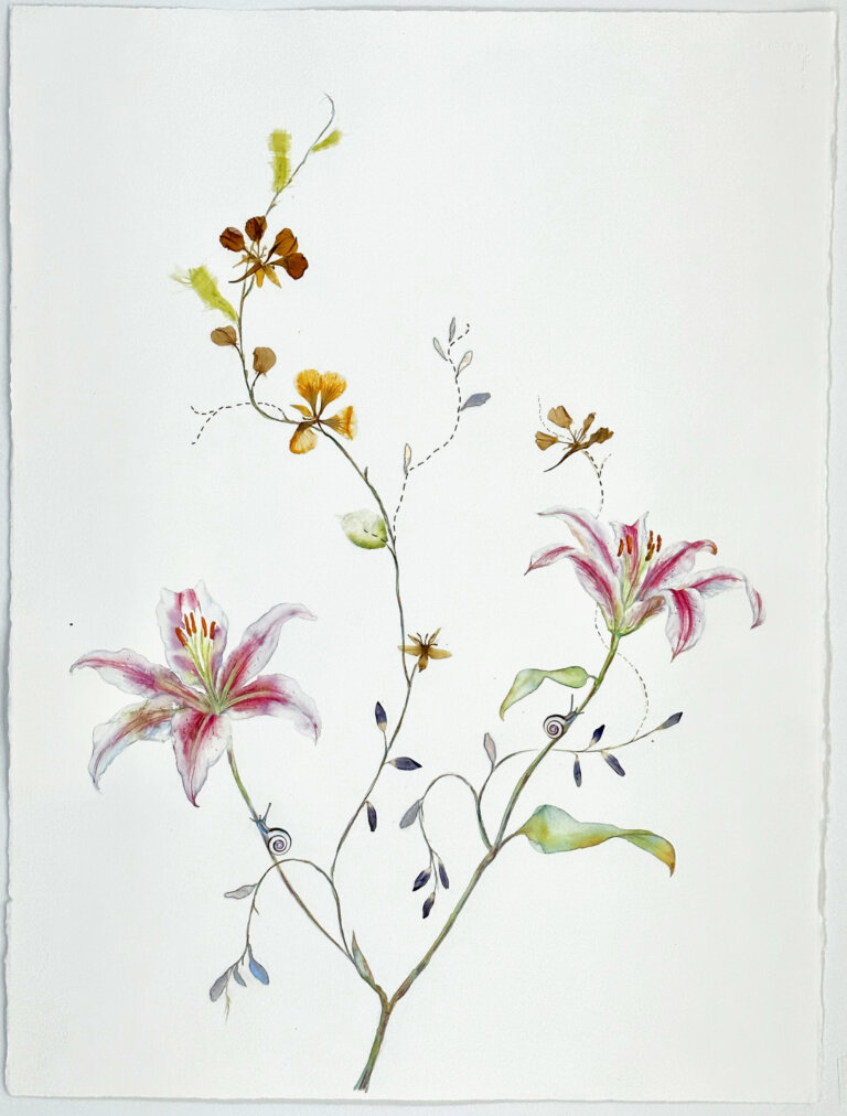 a mixed media piece on a blank white background featuring a y-shaped stem with two large pink and white lily flowers with green and red stamen and pollen. there are several wispy leaves attached to the stems along with a long vine with small dark purple leaves, a yellow flower, and some fluffy green leaves. there are two pale blue snails, one on each lily stem.