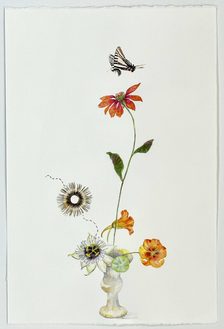 a mixed media piece on a blank white background featuring a single stem in a small white vase with a large reddish orange flower, two small orange and yellow trumpet like flowers and two small white and black flowers. the large reddish orange stem in the center has two dark green leaves. above the large central flower is a black and white swallowtail butterfly suspended as if it is fluttering above the blooms.