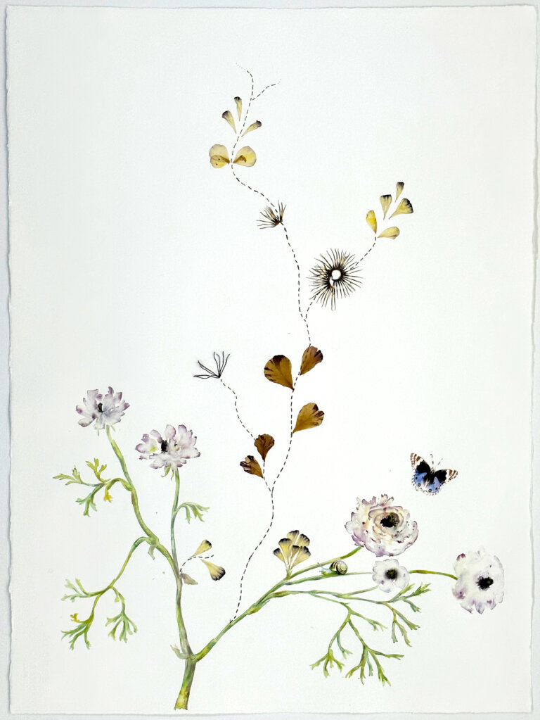a mixed media piece on a blank white background with a y-shaped light green stem with various flowers growing from it. there are a couple spindly green leaves on the stem. there is a central stem that is made of a thin, single stitched line. the two stems on either side are green and leafy with fluffy white ranunculus blossoms with black centers. there is a small blue and yellow butterfly on the right side of the piece above the ranunculus.