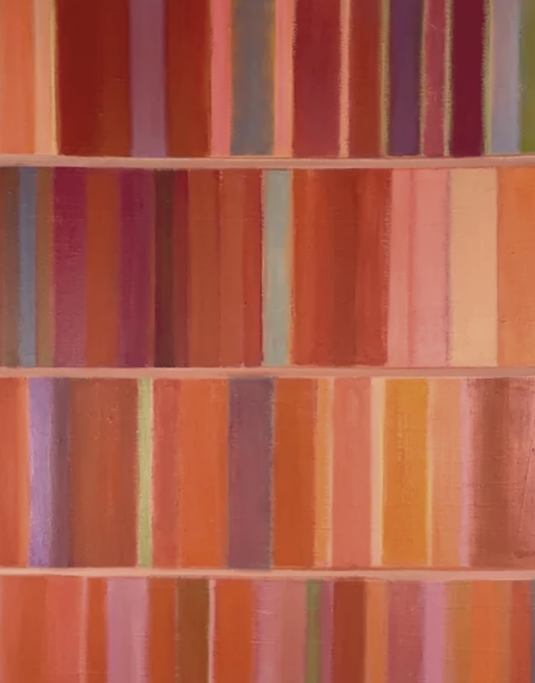 This painting is a muted palette of majestic reds, mauves, dusty rose, pale cyan, lavender, lilac, rust, amber, coral, peach, and indian red, to name a few, all appear in vibrant strokes across this tiled canvas. Irregular in its pattern, the tiling follows a pattern of wide vertical rectangles arranged in four horizontal rows