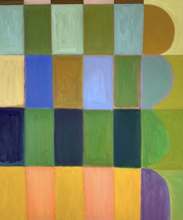 an abstract work on canvas featuring four rows of vertical rectangular tiles. the top row is alternating pale blues and deep sap green, the second row is alternating yellow ochre, cobalt, muted aqua, cream, forest, and tan, the third row is alternating deep indigo and emerald green, and the bottom row is alternating peach and goldenrod.