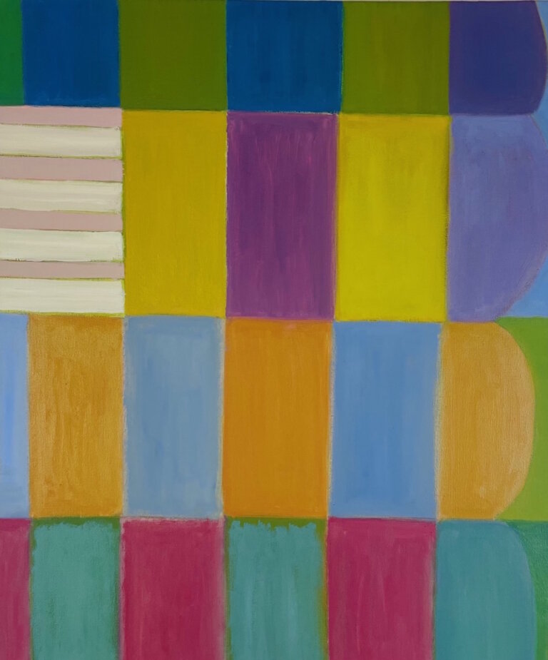 an abstract work on canvas featuring four rows of vertical rectangular tiles. the top row is alternating royal blue and deep sap green, the second row is alternating deep yellow, magenta, and periwinkle, the third row is alternating clementine orange and cornflower blue, and the bottom row is alternating magenta and teal. the leftmost tile in the second row is horizontally striped with cream and blush.