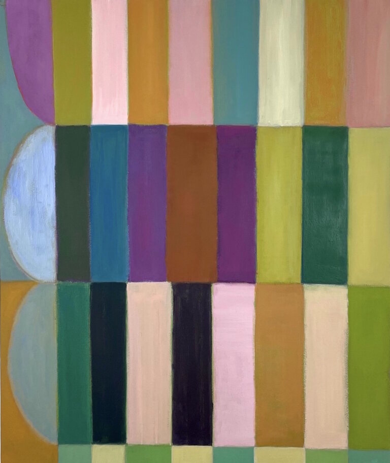 an abstract piece on canvas featuring three horizontal rows of vertical rectangular tiles. the top row is colored in hues of magenta, olive, pale pink, burnt orange, bubblegum pink, muted teal, cream, transparent clementine, and dusty rose. the second row is colored in hues of pale cornflower blue, deep emerald, dark aqua, bright purple, indian red, magenta, citron, and scarab green. the third row is colored in hues of slate, emerald, black, pale pink, muted orange, pale peach, and lime green. the first tile on the left of each row is a half circle.