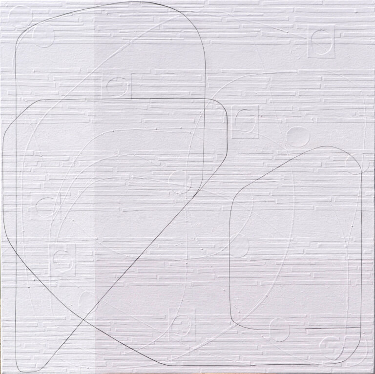 abstract piece in with hues of powder lavender, pale mauve, and white layered over cutouts of geometric shapes. a thin dark line loops across the pieces, unifying the blocks of color. On the surface, this canvas appears as though it consists of purple lines that form three abstract shapes, atop geometrically straight rectangles, all applied by the stroke of a paintbrush. However, as you step forward the lines of these shapes disconnect from the canvas and you notice each was placed on by hand: using hand-cut, extremely fine thin strips of paper masterfully layered upon the canvas. Moreover, once this realisation sets in, you suddenly become aware of an entirely new layer of texture. Different hand-cut shapes of paper adhere to the canvas before any painting takes place. Creating a degree of texture and depth to delightfully unexpected.