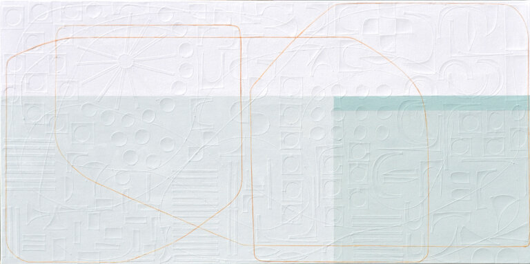 abstract piece in with hues of powdered mint, pale teal, and white layered over cutouts of geometric shapes. a thin clementine orange line loops across the pieces, unifying the blocks of color