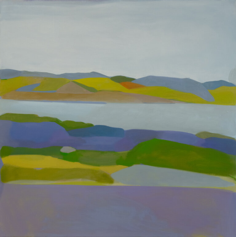 an abstract landscape in oil on linen depicting a pale gray blue lake surrounded by large blooming fields painted in citron, slate gray, tan, emerald, olive, and orange. there is a pale blue sky and the fields have a few large purple boulders in the foreground.