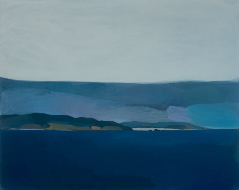 an abstract landscape in oil on linen painted mainly in deep shades of blue. near the center line of the piece, a pale moody sky meets a dark blue gray hazy mountain range. in the foreground, there are lighter blue hills leading up to an indigo waterfront. along the water's edge are a few small dark teal and tan rocks and hills.