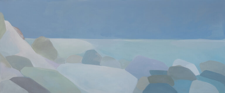 an abstract landscape in oil on linen painted in muted shades of blue and gray. the pale blue ocean meets the cornflower blue sky in the distance at the horizon near the center of the piece. in the foreground are large round boulders painted in gray, slate, lavender, periwinkle, dusty blue, and off-white.