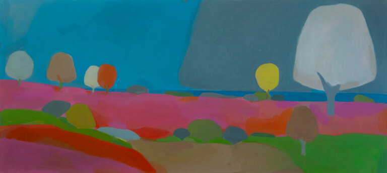 an abstract landscape in oil on linen of a bright pinky red hill beneath a smooth blue sky. the horizon is dotted with small trees painted in orange, taupe, lemon yellow, pale gray, white, and green. there is a smaller green ridge in the foreground of the painting in front of the wide pinkish red hill that makes the horizon line. this green ridge is covered in scattered bushes painted in emerald, teal, lime, and olive. the pinky red hill gives the illusion that it is covered in bright poppy flowers.