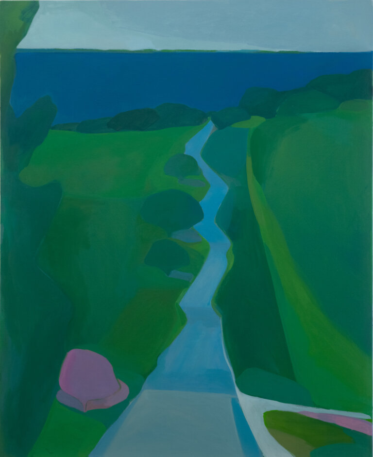 an abstract landscape in oil on linen of a winding blue-gray road leading directly out to a dark blue sea. the road is lined with green fields, emerald bushes, and dark green trees. the sky in the distance is a pale blue color. this piece has a moody blue tint that creates a feeling of calm and serenity with a touch of melancholy.