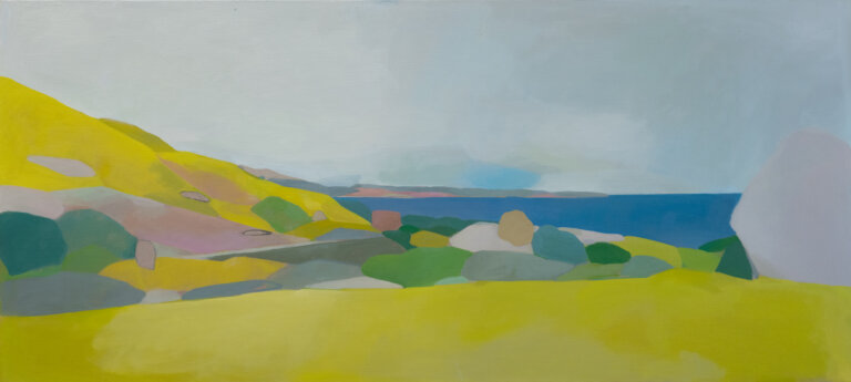 an abstract landscape in oil on linen with a pale lime green hill that slopes down towards a bright blue ocean under white and gray stratus clouds which cover the majority of the pale blue sky. there is a road that snakes around the hill and is bordered by small bushes painted in shades of green, terra cotta, peach, taupe, and teal.