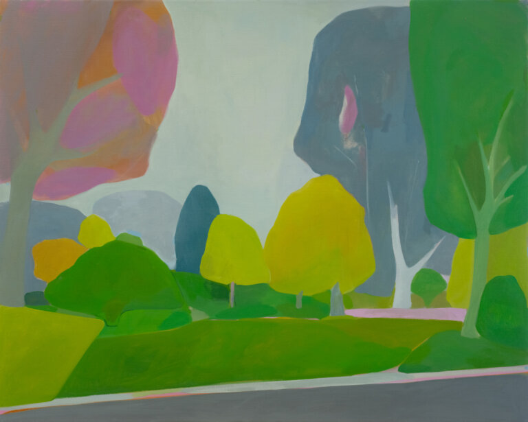 an abstract landscape in oil on linen depicting a bright green park against a pale hazy light blue sky. the park is populated by a large pink tree with a gray trunk, a large slate blue tree with a white trunk, a large emerald green tree with a pale sage trunk, a several smaller green bushes and lemon yellow trees with gray trunks. there is a sliver of gray road in the foreground of the piece and it is edged with emerald greenery.