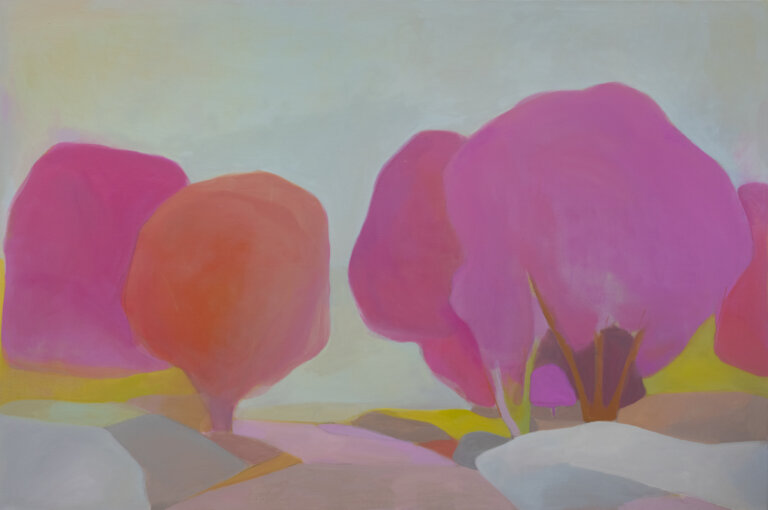 an abstract landscape in oil on linen depicting 5 large pink and orange trees against a hazy pale gray sky. these trees are rooted in a light gray, pale pink, and lemon yellow ground, with large gray boulders around. there is a pale pink path leading from the foreground into the distance.