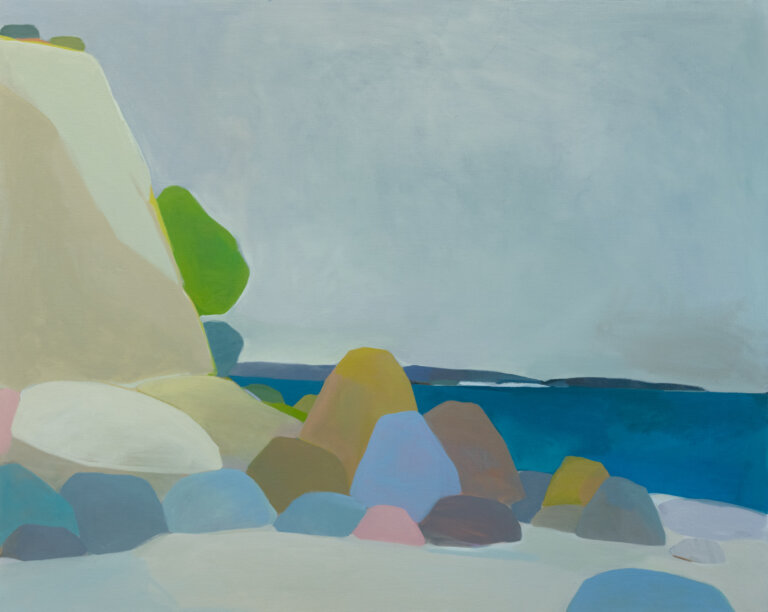 an oil piece on linen depicting a rocky shoreline between a steep gray rock cliff and a cool blue ocean with a pale gray-blue sky overhead. the rocks are painted in very smooth strokes of mustard yellow, powder blue, peach, faded bubblegum pink, deep mauve, cerulean, dark gray, and white.