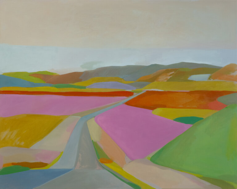 an oil piece on linen depicting a thin gray road snaking through large flat fields toward gray mountains in the distance with a hazy tan and light gray sky overhead. the fields are painted with blocks of color that make it seem like each field is planted with something different. some fields are a bright bubblegum pink, some are a splotchy vermillion orange, some are mustard yellow, and some are bright green. the different parts of the painting are all painted in a relatively flat style