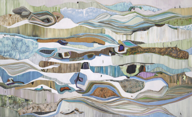 abstract painting that looks like a slice of sediment in sage, brown, sand, burnt umber, lavender, pale celadon, caramel, off-white, periwinkle, powder blue, tans and some turquoise