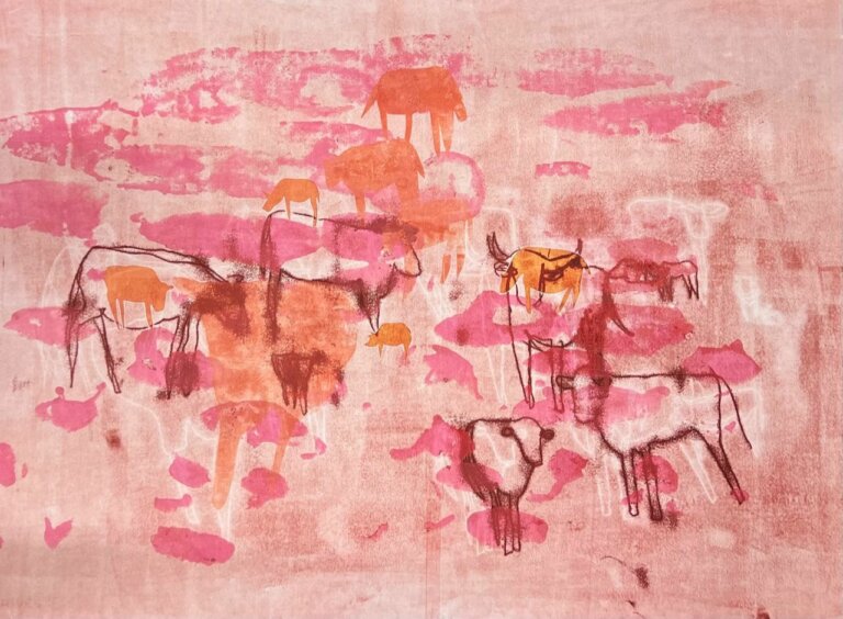 an abstract monotype on paper in hues of watermelon, bubblegum pink, tangerine, and magenta. the background is a hazy bubblegum color, while the foreground is populated with clementine, watermelon, and magenta-colored cows.