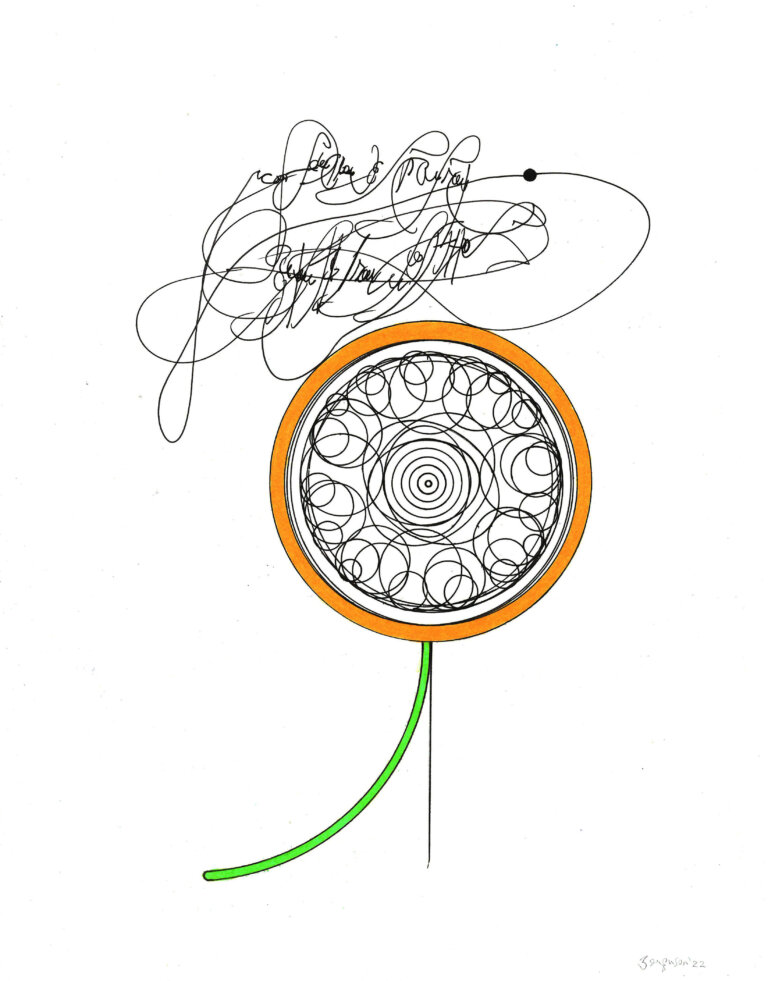 an ink and prisma color piece on paper of a orange circle. the circle has a thin bright lime colored stem, and the circle is filled with a spirographic pattern of swirls that is symmetrical. it creates a flower-like appearance. above the flower shape is a scrawling calligraphic shape made with thin black ink
