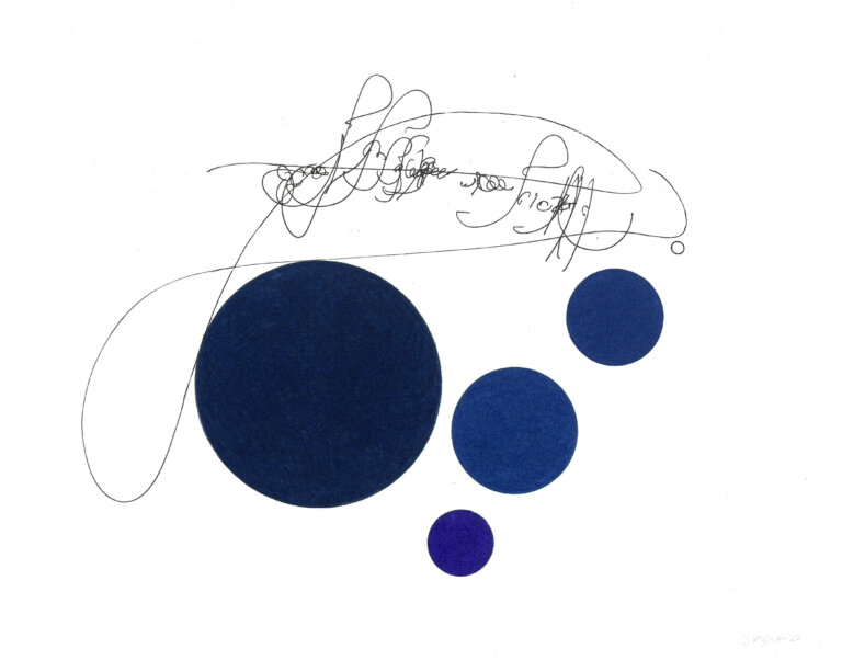 an ink and prisma color piece on paper of a large indigo circle along with two small navy circles and a smaller royal blue circle. above the circles are thin script-like marks that resemble calligraphic writing.