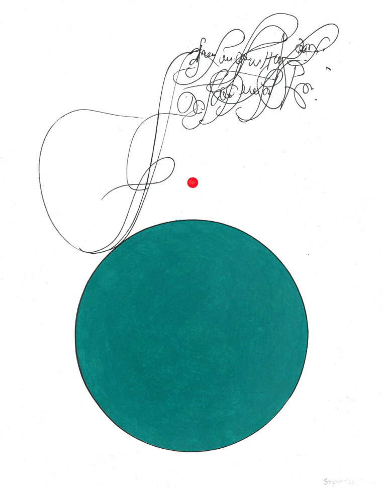 an ink and prisma color piece on paper of a large turquoise circle. above the circle is a tiny red circle, and above the red circle are a couple lines of scriptlike markings done in black ink