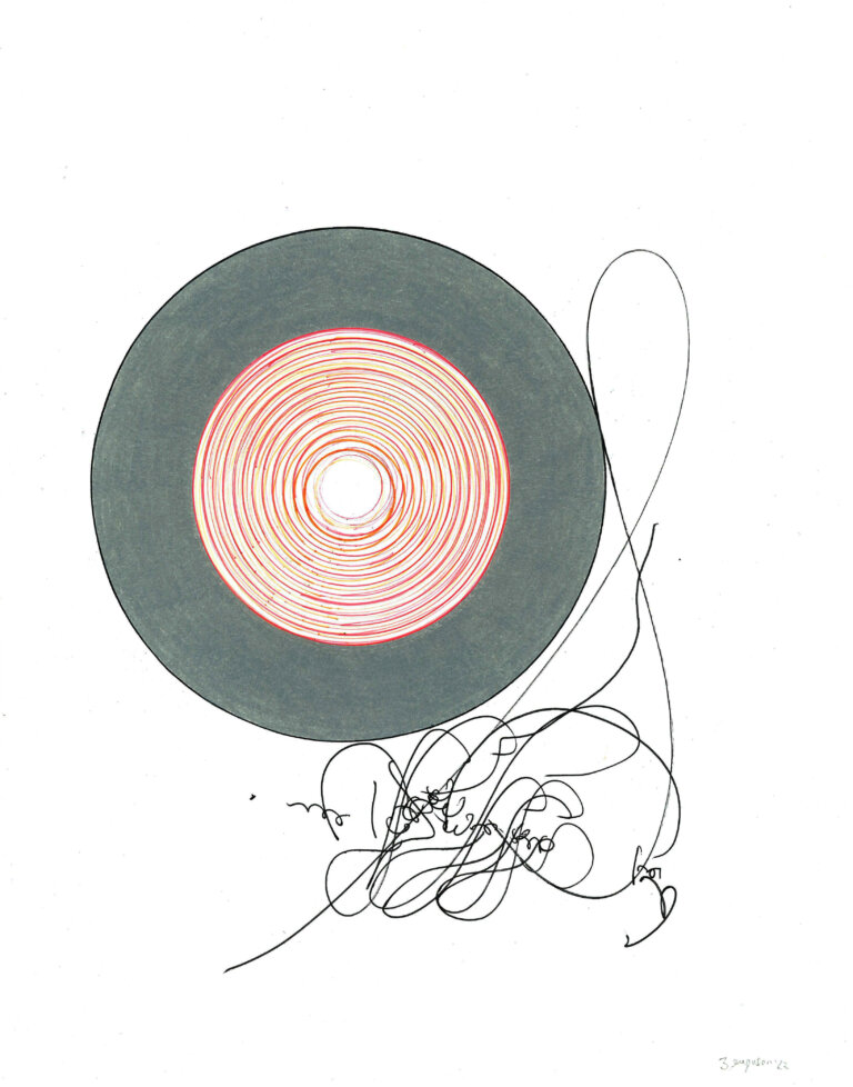 an ink and prisma color piece on paper of a large gray circle. inside are many thin red and white concentric circles, creating the appearance of an alternative vinyl record. below the "record" is a looping bunch of calligraphic like marks in black ink