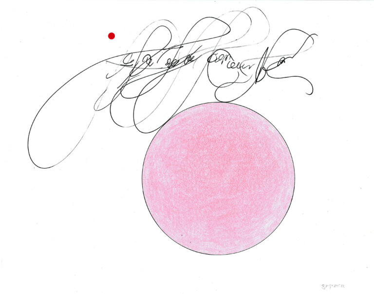 an ink and prisma color piece on paper of a bubblegum pink circle under a ribbon of script-like calligraphic marks in black ink, along with a tiny red circle