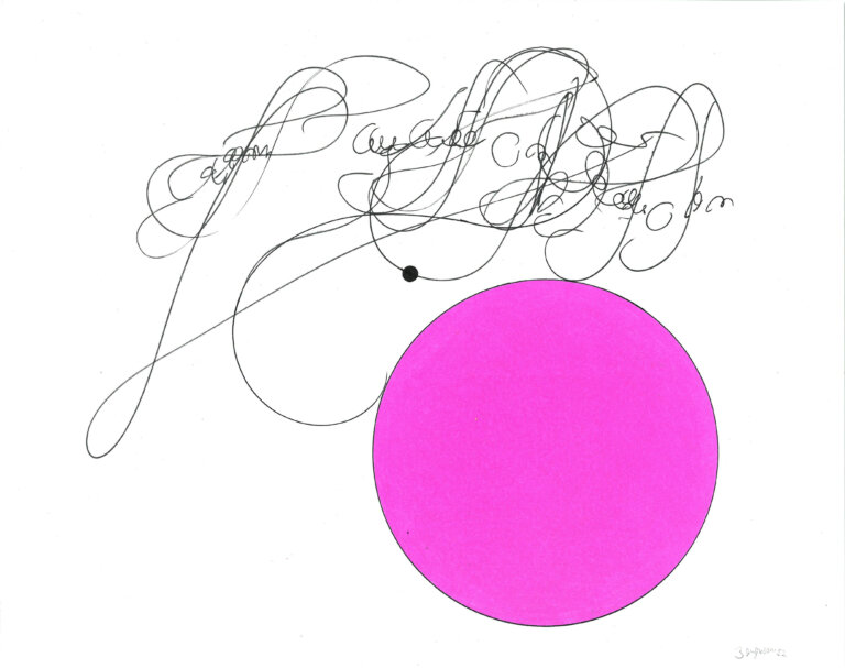 an ink and prisma color piece on paper of a magenta pink circle under a ribbon of script-like calligraphic marks in black ink, along with a tiny black circle
