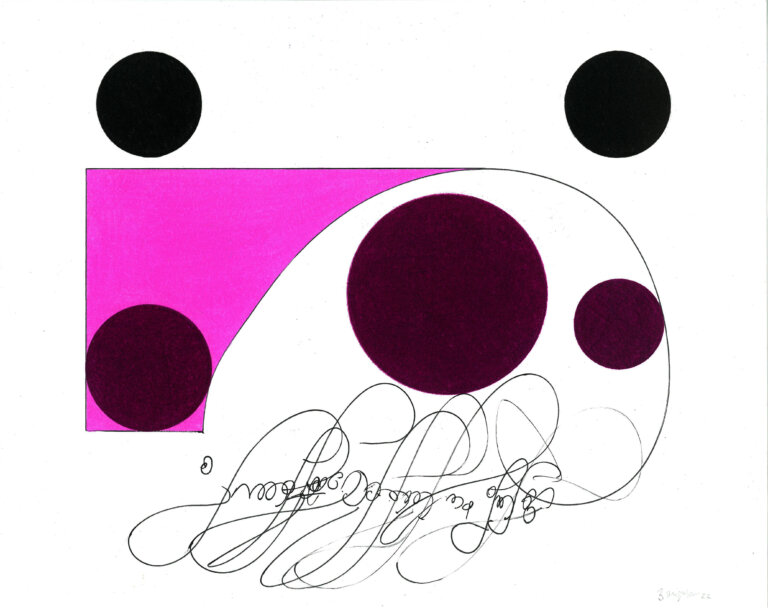 an ink and prisma color piece on paper of three maroon circles. above the two maroon circles are two equally sized black circles. the left-most maroon circle is surrounded by an almost geometric but somewhat organic magenta shape. underneath the circles is a line of script-like calligraphic markings in black ink