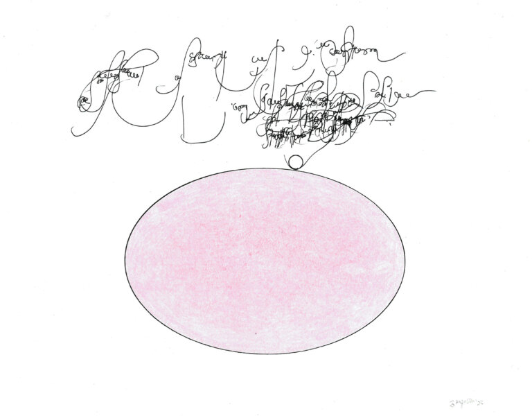 an ink and prisma color piece on paper of a large cool pale pink oval. above the oval are thin script-like marks that resemble calligraphic writing.