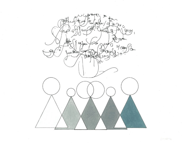 an ink and prisma color piece on paper of five overlapping triangles in shades of grays and slate. the tip of each triangle has a circle outline, except for the middle triangle which has two overlapping circles like a venn diagram. there is a cloud of script-like calligraphic marks in black ink