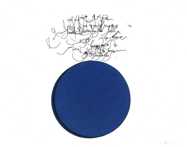 an ink and prisma color piece on paper of an indigo circle with a dark shadow on its left side as if light is being cast from the right. above the circle is a cloud of script-like calligraphic marks in black ink