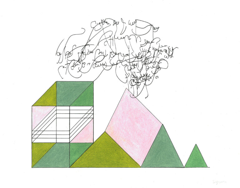 an ink and prisma color piece on paper of a mountain range like composition created out of geometric shapes in shades of lime, sage, pink, and kelly. above the shapes is a cloud of script-like calligraphic marks in black ink