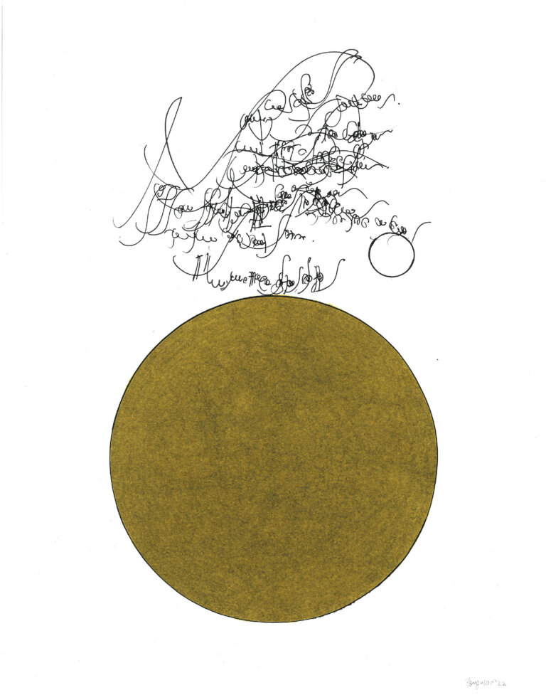 an ink and prisma color piece on paper of a large yellow green circle. above the circles is a tangle of calligraphic marks in black ink