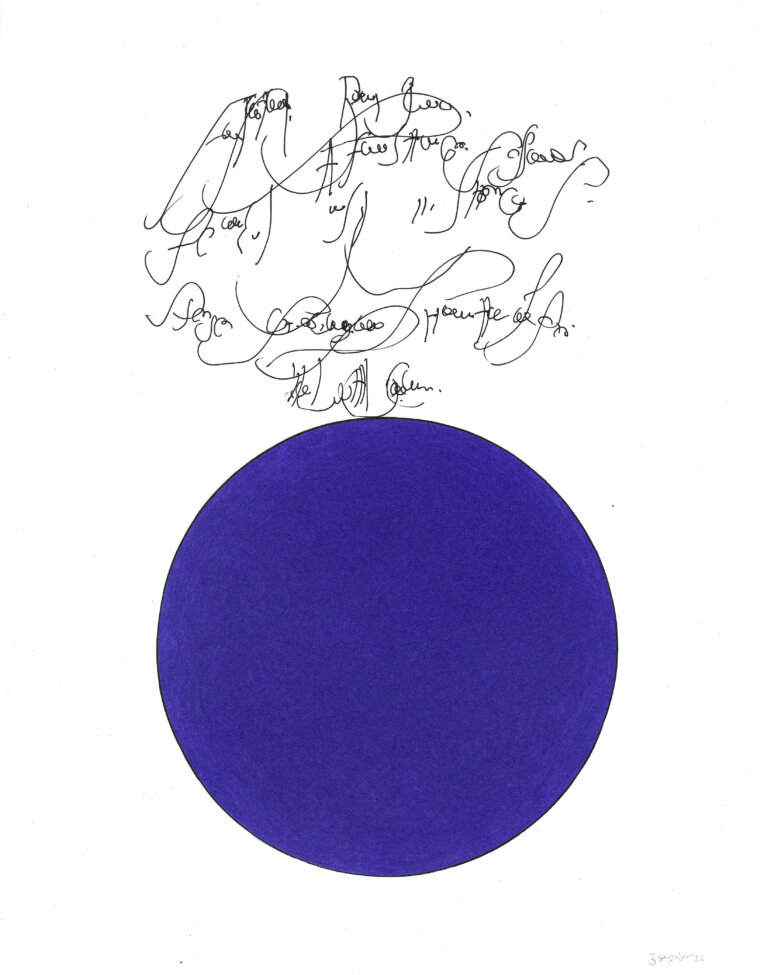 an ink and prisma color piece on paper of a large royal blue circle. above the circles is a tangle of calligraphic marks in black ink
