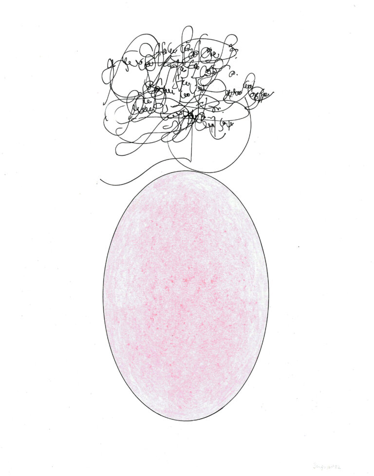 an ink and prisma color piece on paper of a large vertical pale pink oval. above the circles is a tangle of calligraphic marks in black ink