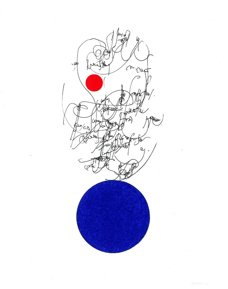 an ink and prisma color piece on paper of a royal blue circle. above the circles is a tangle of calligraphic marks in black ink with a small red circle.