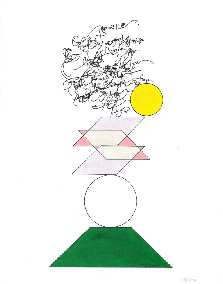 an ink and prisma color piece on paper of a yellow circle above three pink intersecting parallelograms above a white circle balanced on a green trapezoid. above these shapes is a tangle of calligraphic marks in black ink.