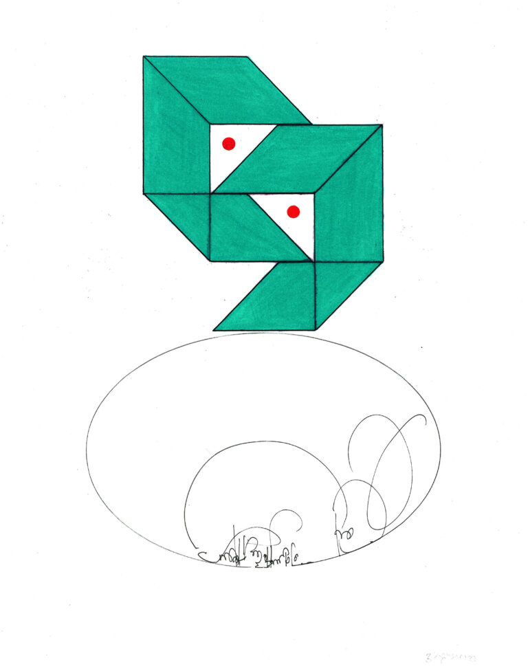 an ink and prisma color piece on paper of a geometric shape created with teal colored trapezoids and triangles, punctuated with two white triangles with a red dot in the middle. under the shape is a large oval like shape with some calligraphic marks in black ink