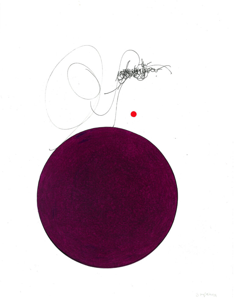 an ink and prisma color piece on paper of large berry colored circle with a cloud of black ink calligraphic marks and a tiny red circle