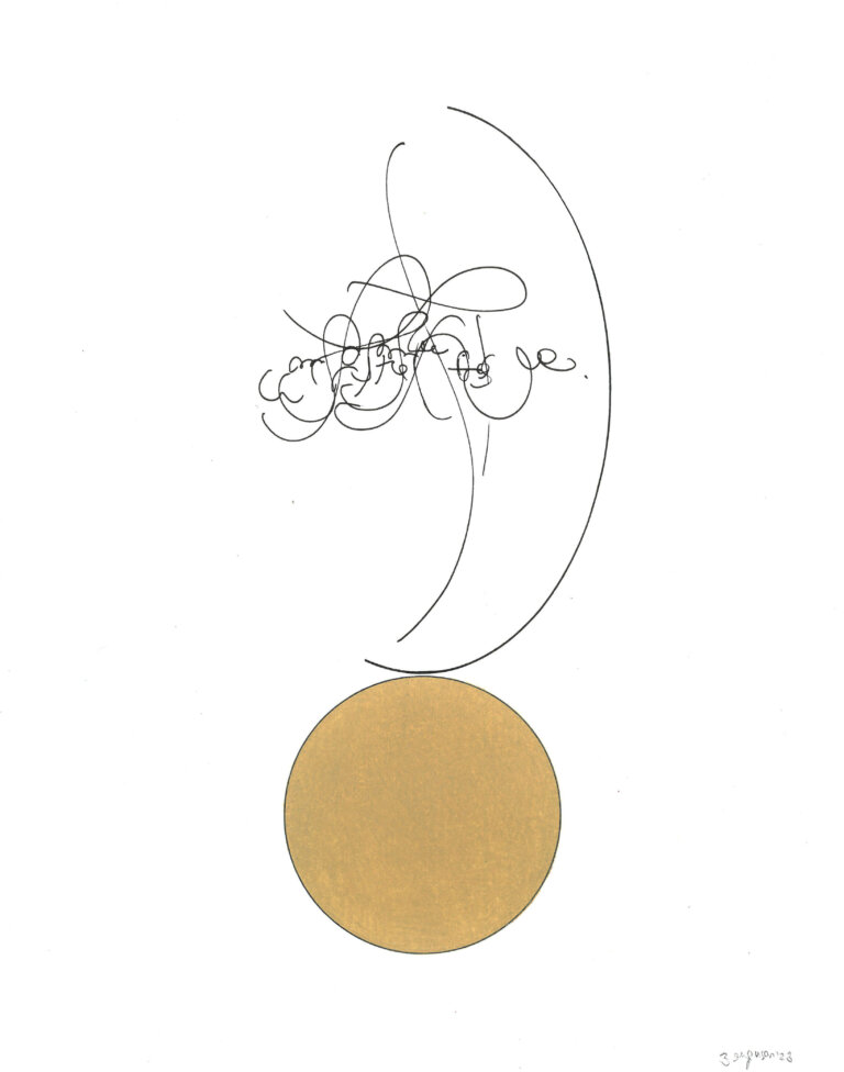 an ink and prisma color piece on paper of taupe circle with a cloud of black ink calligraphic marks above it